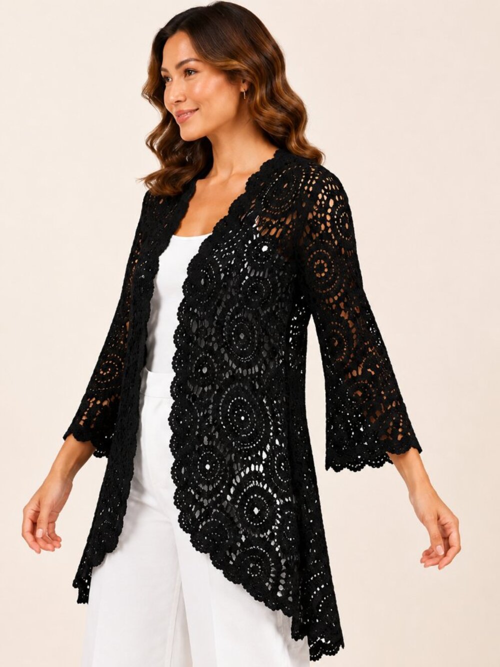 Nina Leonard Black Crochet Bell Sleeve High Low Cardigan NWOT